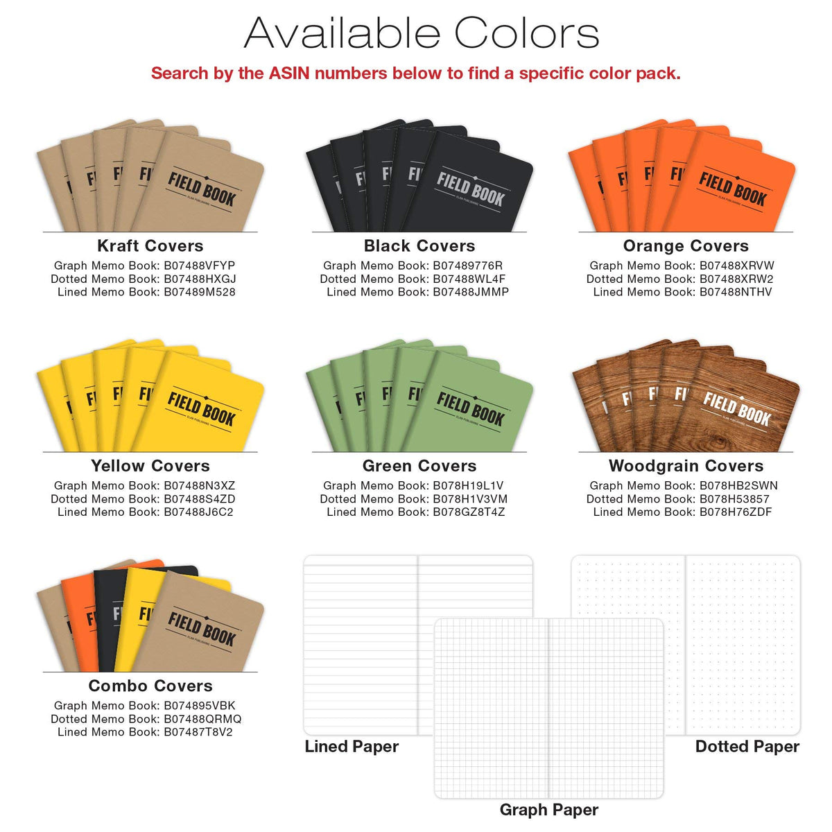 Elan Publishing Company Field Notebook/Pocket Journal - 3.5"x5.5" - Combination of Kraft, Black, Orange, Yellow - Graph Memo Book - Pack of 5