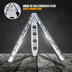 VORNNEX Practice Butterfly knife Trainer with Sure Spring Latch, Full Stainless Steel Black Dull Balisong, Unsharpened Butterfly knives Comb for CSGO Training(Silver)