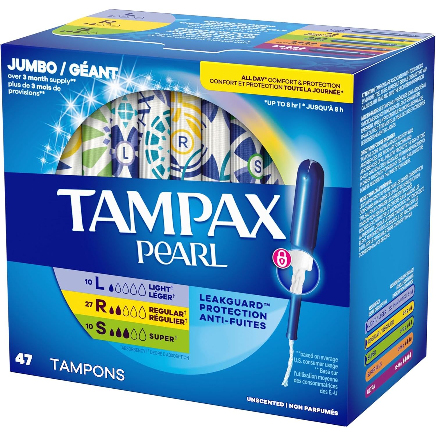 Buy now Tampax Pearl Tampons for Women Multipack, with LeakGuard Braid, Light/Regular/Super Absorbency, Unscented, 47 Count at indiglob india