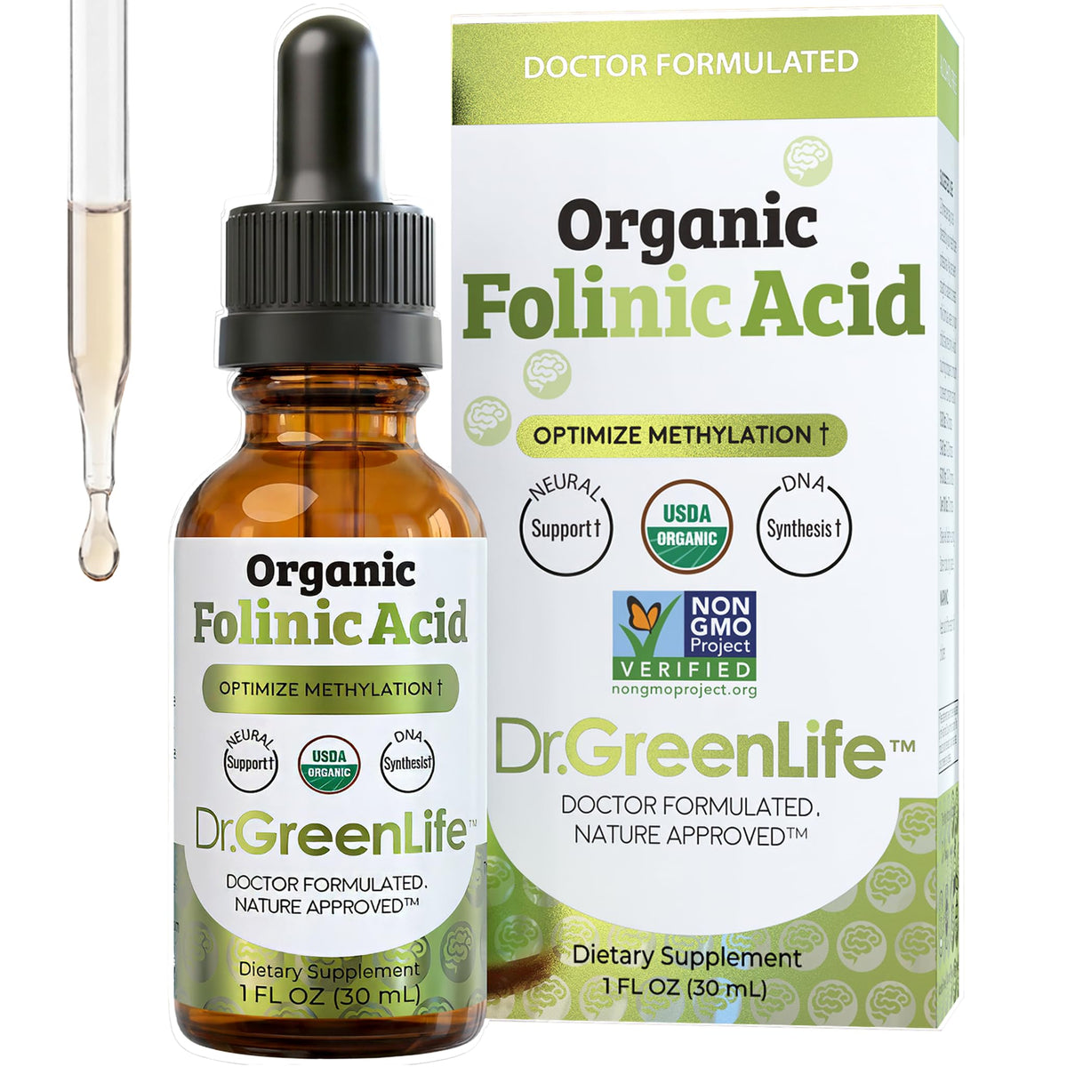 Dr. Green Mom Folinic Acid For Kids & Adults — High Dose — MTHFR-Friendly Folic Acid Alternative — Organic Liquid Drops — 500 mcg/Drop — Vitamin B9 for Methylation, Neurological & DNA Support, 1 fl oz