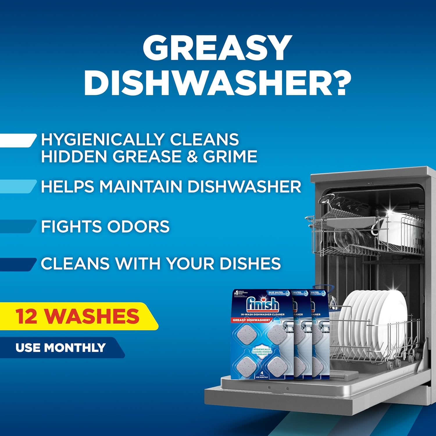 Buy now Finish Dishwasher Cleaner Tablets, Deep Cleans Hidden Grease & Grime, Fights Odors, No Extra Wash Cycle, Helps Maintain Dishwasher, 12 Month Supply, 12 Count at indiglob india