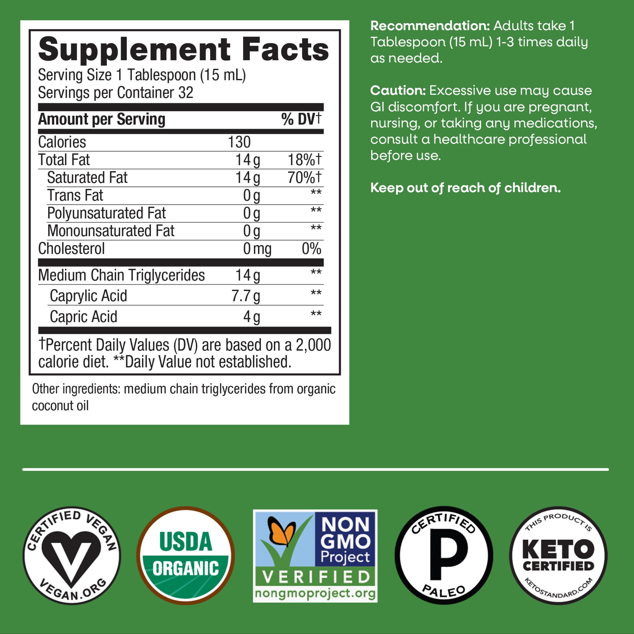 Nature's Way Organic MCT Oil, Brain and Body Fuel*, Keto & Paleo, 16 Fl Oz | Liquid Coconut MCT Oil with C8 Caprylic & C10 Capric Acids, 14 g Medium Chain Triglycerides per Serving, Non-GMO