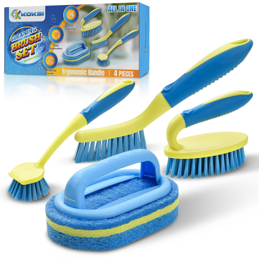 KOKSI 2-Piece Cleaning Brush for Bathroom Kitchen Bathtub Toilet Cleaner All Purpose Shower Sponge Scrubbing Brush with Ergonomic Handle