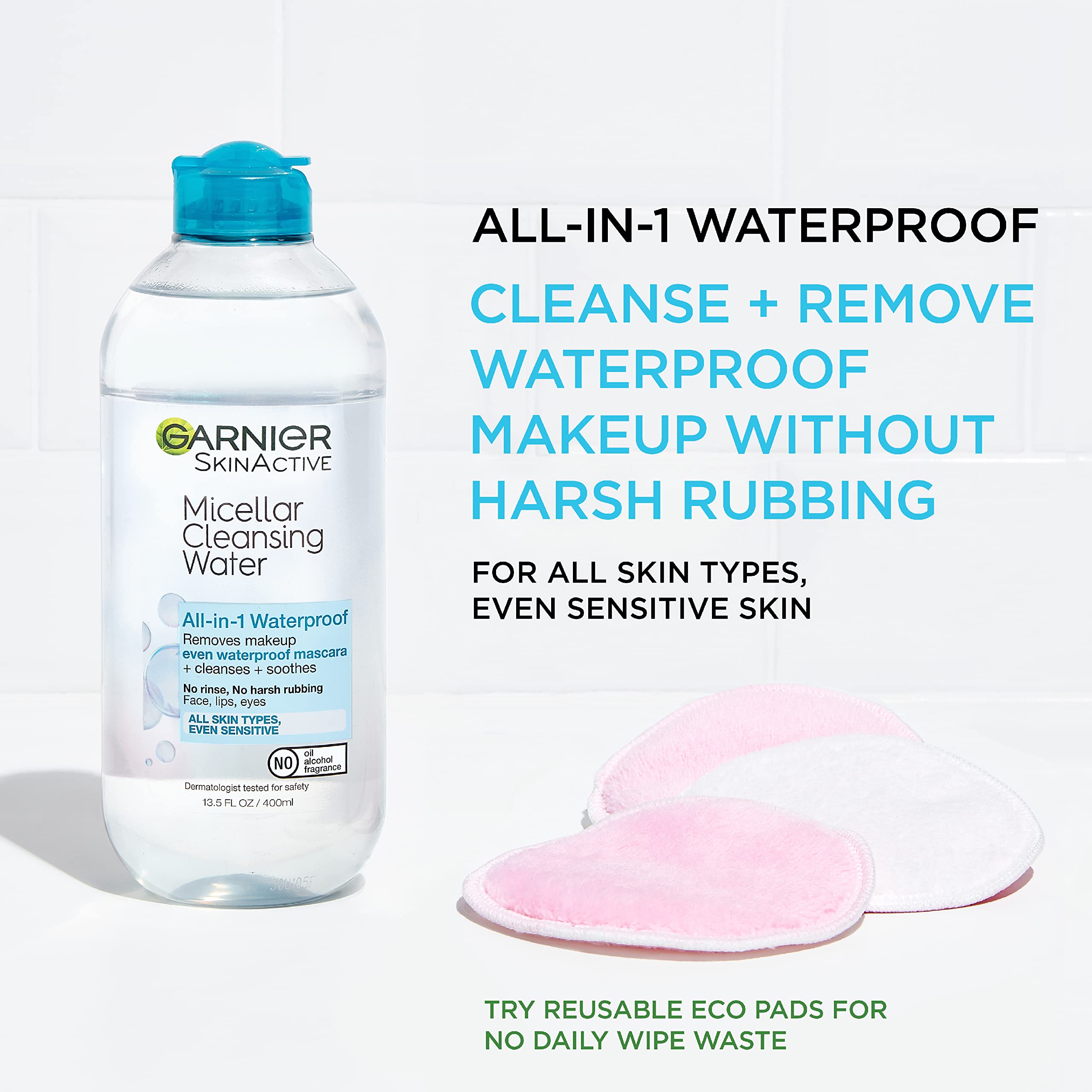 Buy now Garnier Micellar Cleansing Water, For All Skin Types, 13.5 fl oz + Micellar Cleansing Water, For Waterproof Makeup, 3.4 fl oz at indiglob india