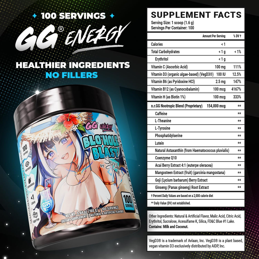 Gamer Supps GG Energy - Blo'hole Blast by Shylily (100 Servings) - Keto Friendly Gaming Energy and Nootropic Blend, Sugar Free + Caffeine + Vitamins + Immune Support, Powder Drink
