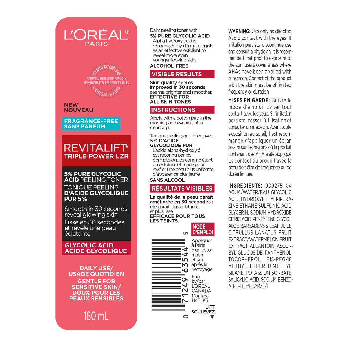 L'Oreal Paris Revitalift 5% Pure Glycolic Acid Peeling Toner with Aloe Vera, Alcohol Free, Fragrance Free 6 fl oz