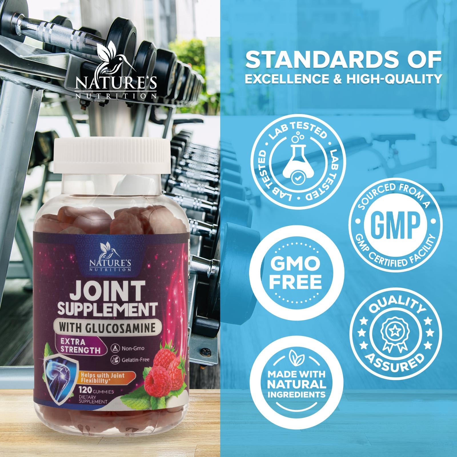 Joint Support Gummies - Glucosamine Plus Vitamin E Nature's Joint Support Supplement for Occasional Discomfort for Back, Knees & Hands - Cartilage & Joint Health & Flexibility Support - 120 Gummies