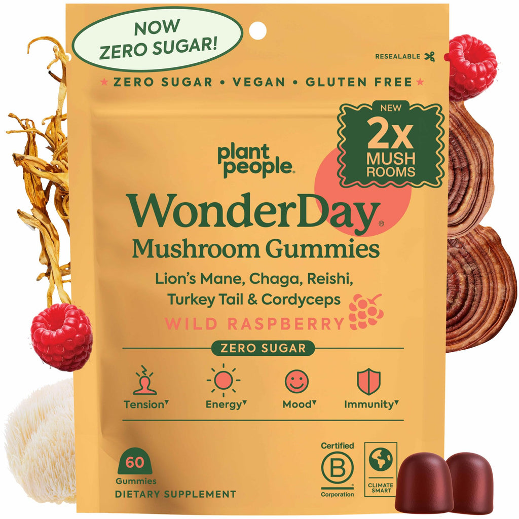 Plant People WonderDay Mushroom Gummies for Energy, Raspberry, 60ct | Chaga Mushroom Supplement to Support Immune System De-Stress Boost Mood & Energy in Adults Natural, Vegan, Non-GMO
