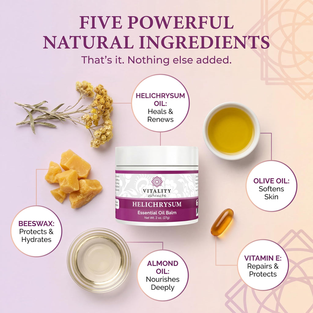 Vitality Extracts Helichrysum Balm - 2oz, Helichrysum Gymnocephalum, Beeswax, Almond Oil, Ultra-Moisturizing, Skin Healing, Full Body Hydration