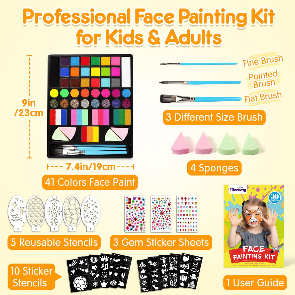 Mocoosy 41 Color Face Painting Kit for Kids, Non-Toxic Water Activated Face Paint Palette With Stencils, Brushes, Gem, Professional Facepainting Kit for Halloween Makeup, Cosplay Party, Carnival