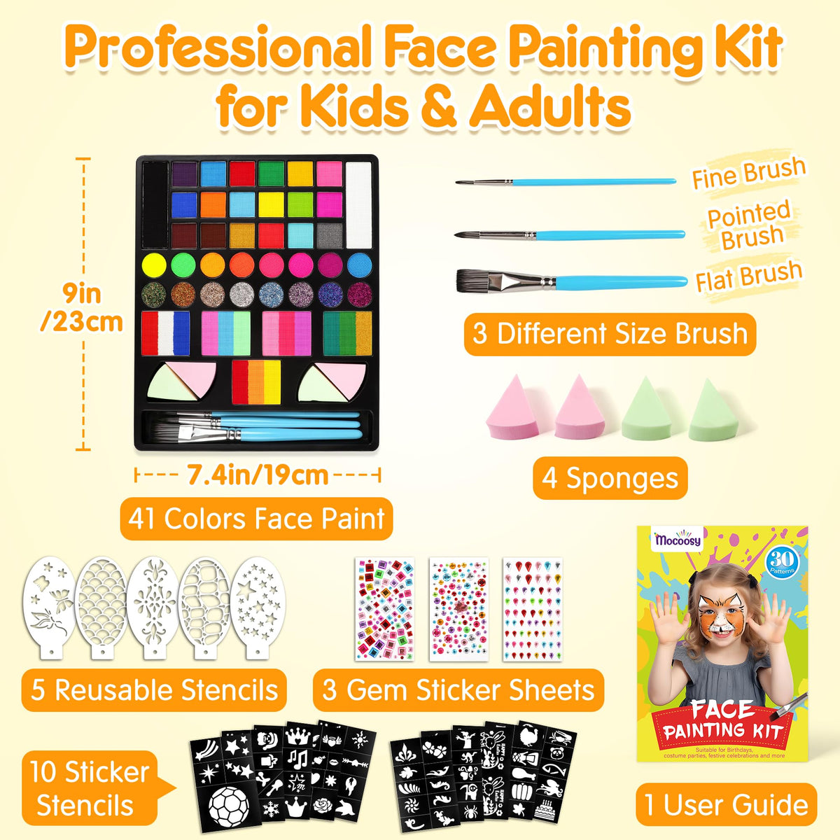 Mocoosy 41 Color Face Painting Kit for Kids, Non-Toxic Water Activated Face Paint Palette With Stencils, Brushes, Gem, Professional Facepainting Kit for Halloween Makeup, Cosplay Party, Carnival