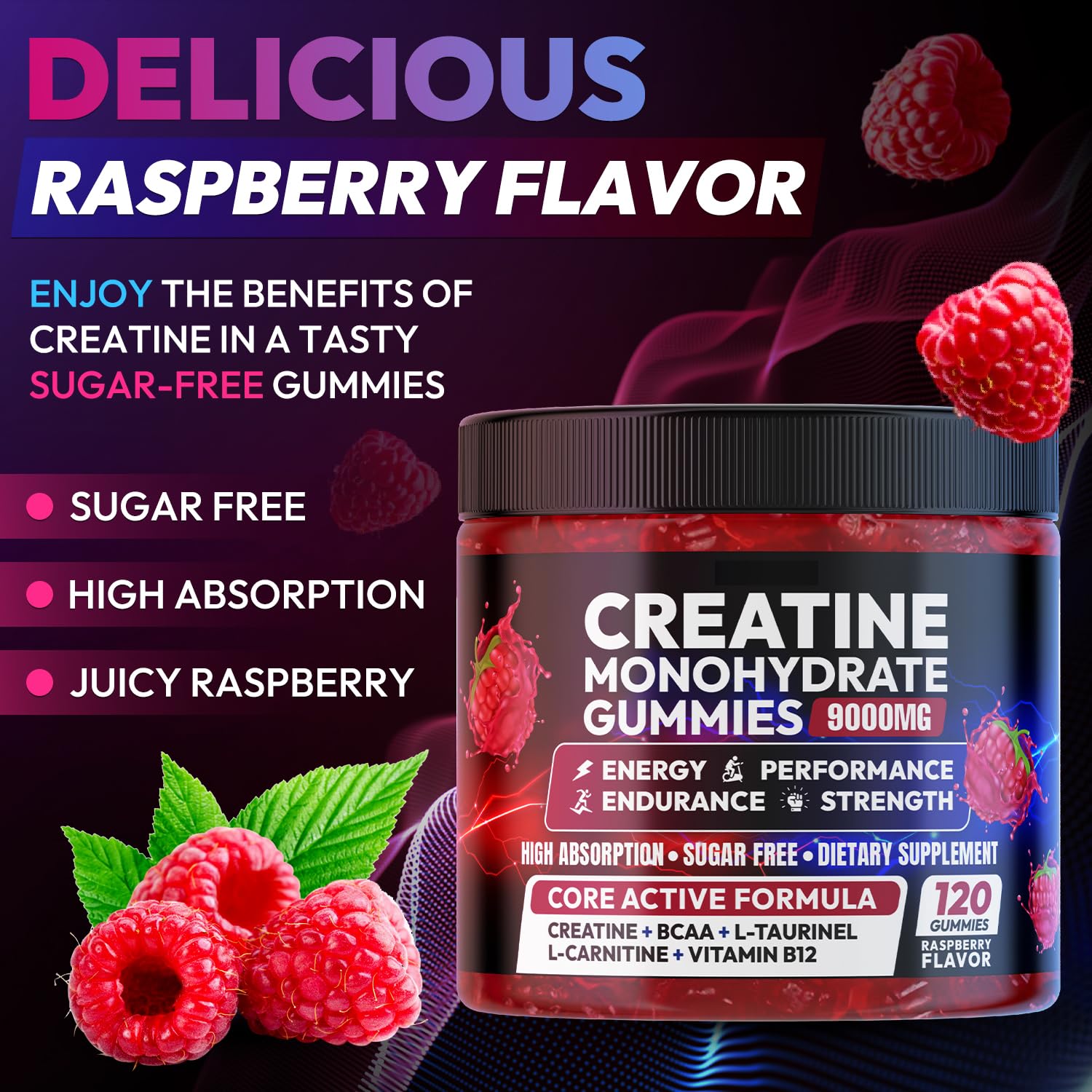 Creatine Monohydrate Gummies 5000MG, Creatine Gummy for Men & Women 120Ct | Pre-Workout for Adults, Creatine Gummy with L-Taurine, BCAA 2:1, B12/6 for Muscle Support, Enhance Strength, Energy Boost