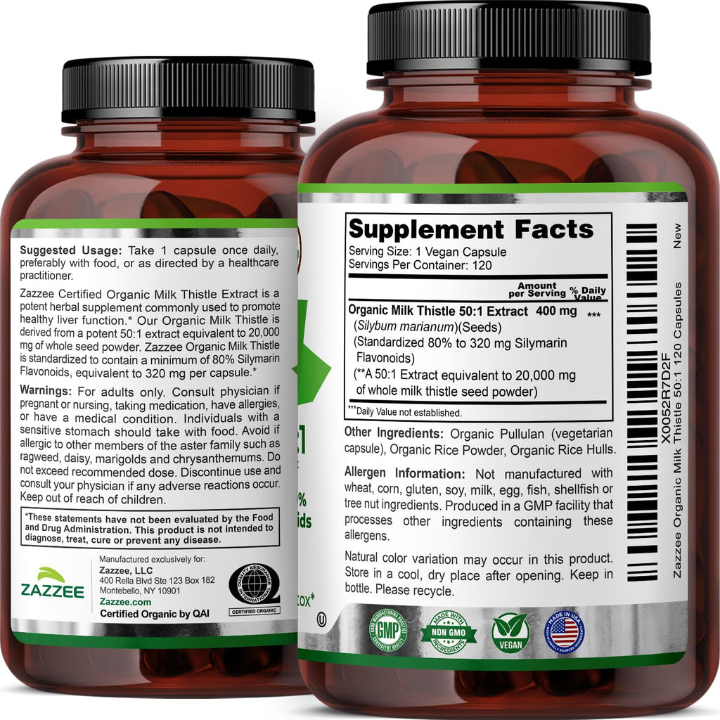 Zazzee USDA Organic Milk Thistle 50:1 Extract, 120 Vegan Capsules | 80% Silymarin Flavonoids, 4 Month Supply, Silybum Marianum, Liver Support & Detox Support, All-Natural, Non-GMO, Made in USA