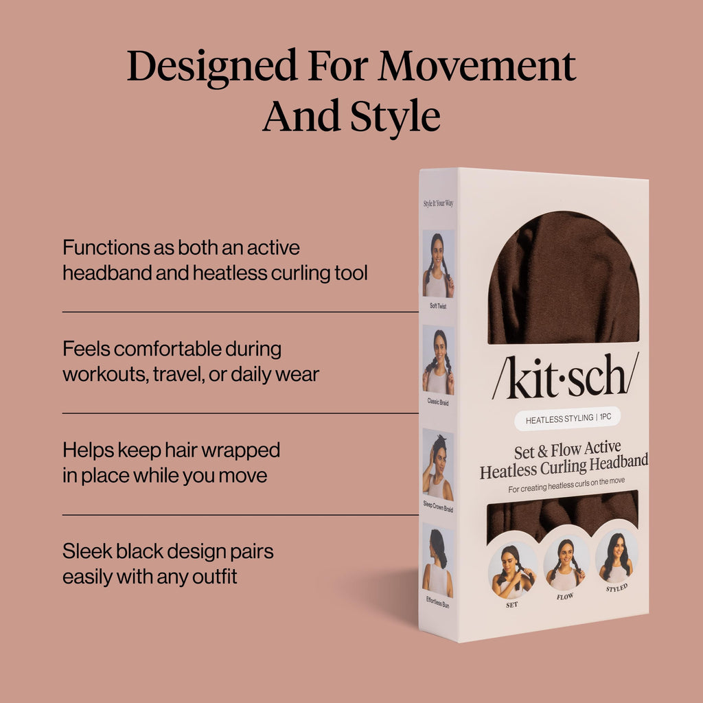 Kitsch Set & Flow Active Heatless Curling Headband For Women - Brown, 1pc | Soft, Breathable Cotton Head Bands For Women's Hair – Stretchy Fit, Achieves Curls Overnight – Gym-To-Glam In Minutes