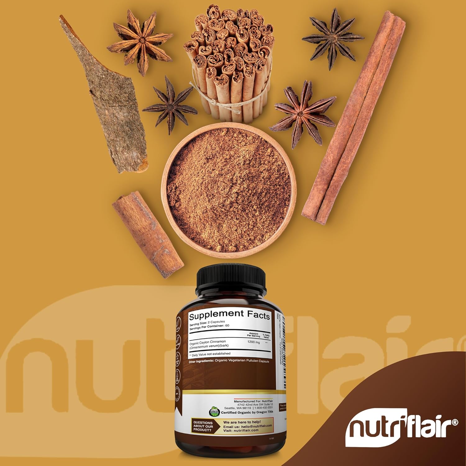 Buy now NutriFlair Organic Ceylon Cinnamon Supplement 1200mg, 120 Capsules - USDA Certified - Non-GMO, Gluten Free Powder, Antioxidant Pills at indiglob india