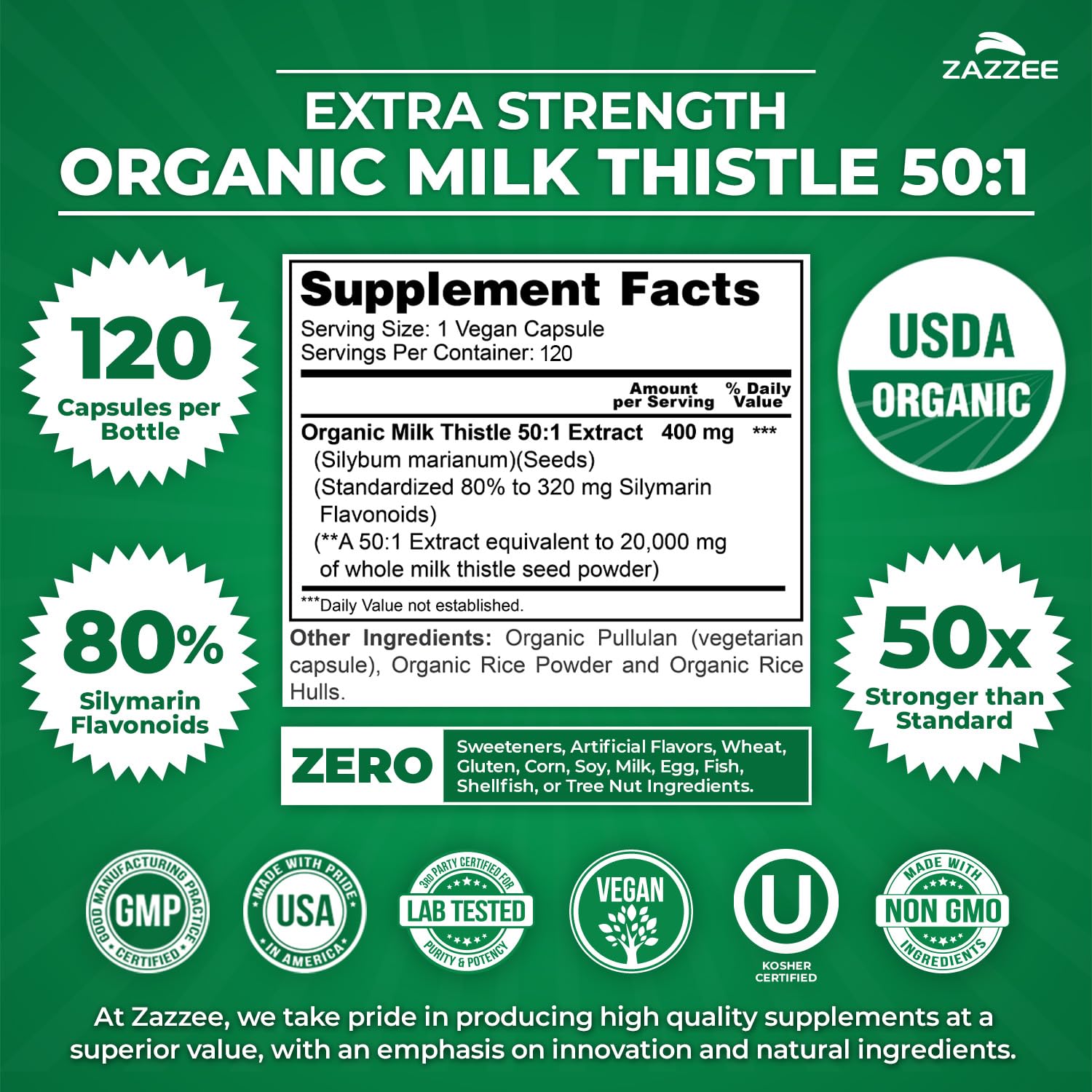 Zazzee USDA Organic Milk Thistle 50:1 Extract, 120 Vegan Capsules | 80% Silymarin Flavonoids, 4 Month Supply, Silybum Marianum, Liver Support & Detox Support, All-Natural, Non-GMO, Made in USA