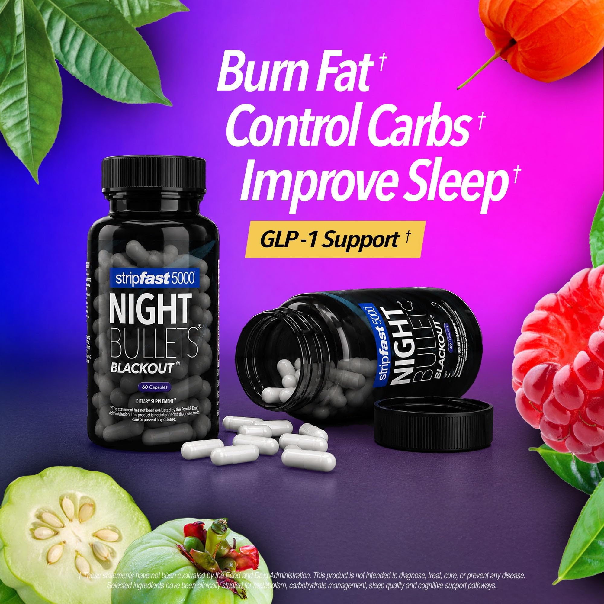 Night Bullets Weight Loss Pills for Women & Men, Stim-Free Nighttime Fat Burner, GLP-1 Support, Appetite Suppressant, Diet Pills with Ashwagandha & CLA, 60 Capsules