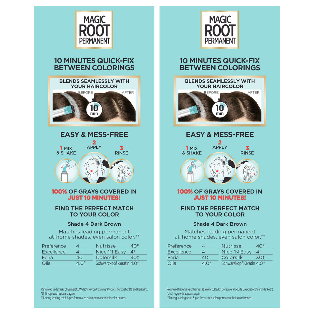 Buy now L'Oreal Paris Magic Root Rescue 10 Minute Root Hair Coloring Kit, Permanent Hair Color with Quick Precision Applicator, 100 percent Gray Coverage, 4 Dark Brown, 2 count at indiglob india