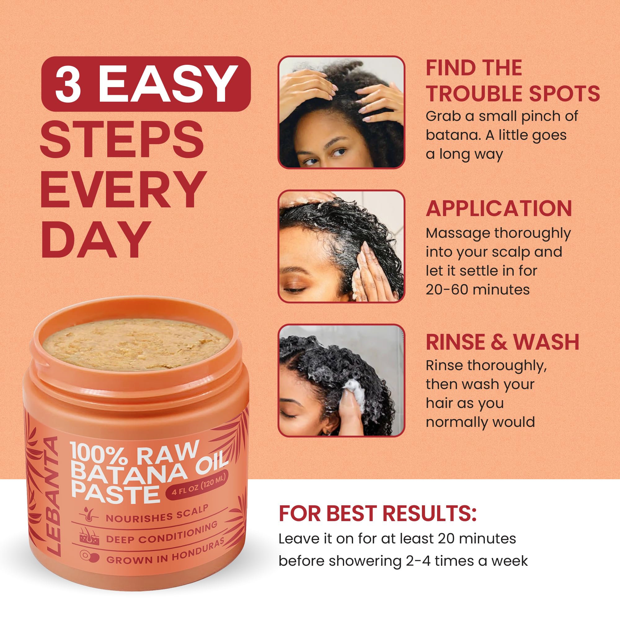 Lebanta Raw Batana Oil for Hair - 100% Pure, Organic 4oz Batana from Honduras for Fuller, Thicker-Looking Hair - Unrefined Cold Pressed Cosmetic Scalp Oil & Hair Mask, Gift for Women (1 Pack)