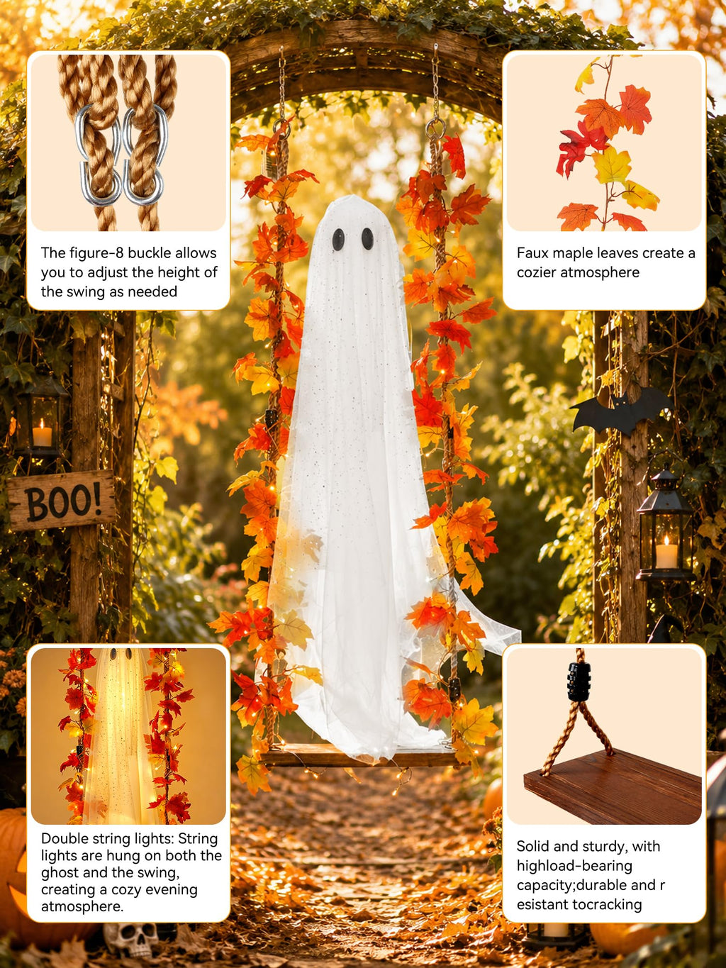 AYGXU Halloween Decorations Outdoor Indoor-5.3ft Hanging Ghost Decor with a Maple Leaf 6.6ft Swing,Ghost Light,Halloween Decor for Tree,Yard,Porch,Garden