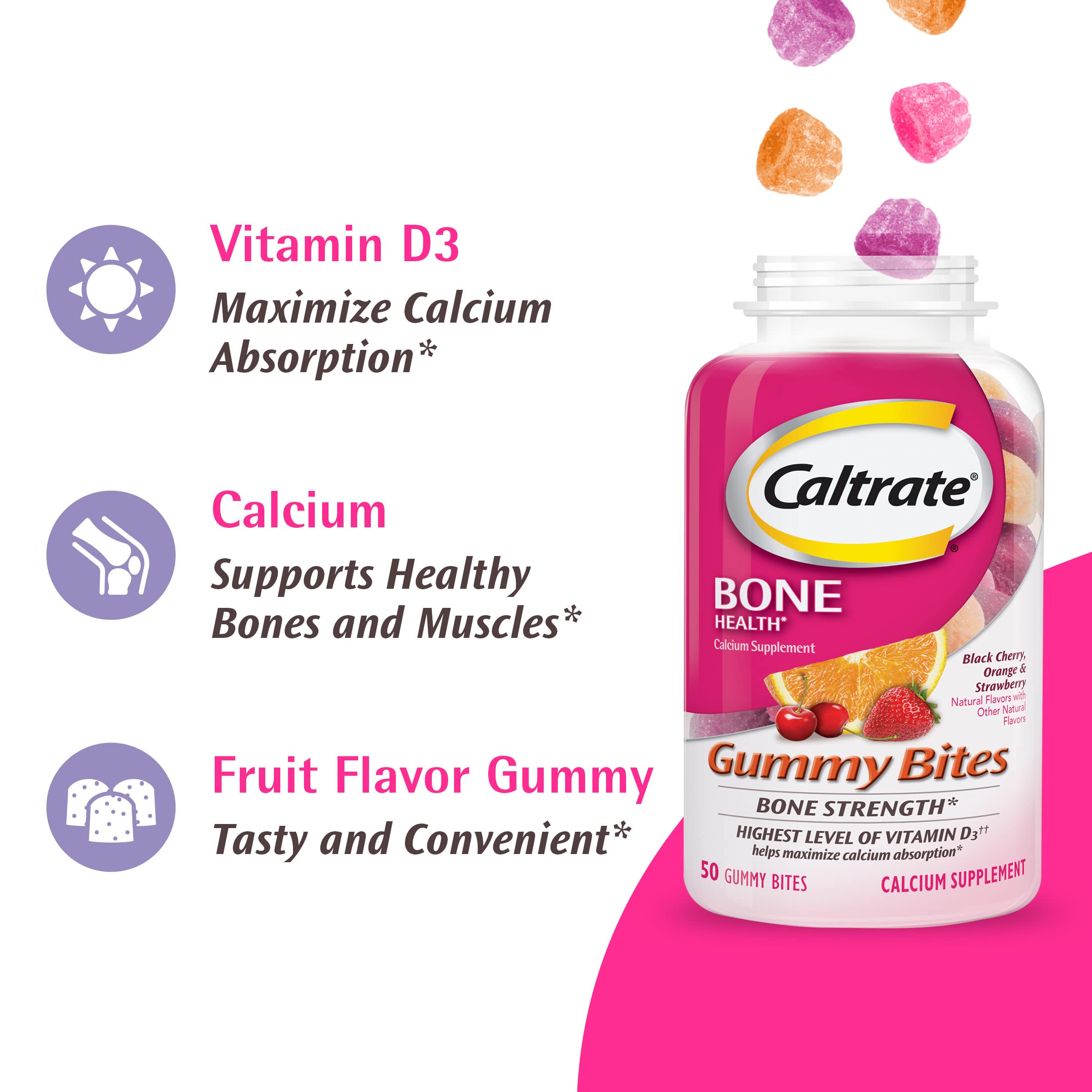 Caltrate Gummy Bites 600 Plus D3 Vitamin D and Calcium Supplement, 50 Count | Highest Level of Vitamin D3, Maximizes Calcium Absorption to Support Strong Bones and Daily Function