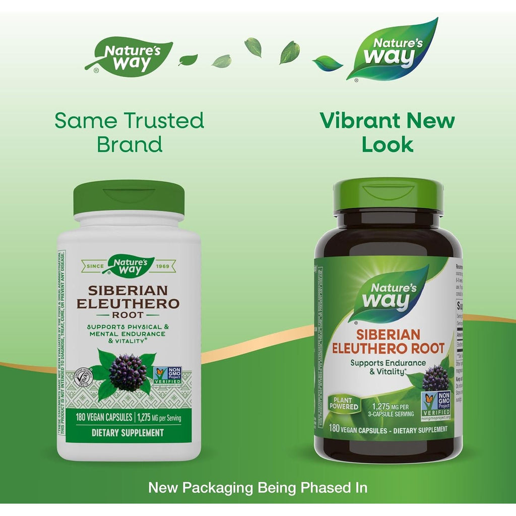 Buy now Nature's Way Premium Herbal Siberian Eleuthero Root Supplement, Supports Endurance & Vitality*, Adaptogen*, 1,275mg per 3-Capsule Serving, Non-GMO Project Verified, 180 Capsules (Packaging May Vary) at indiglob india