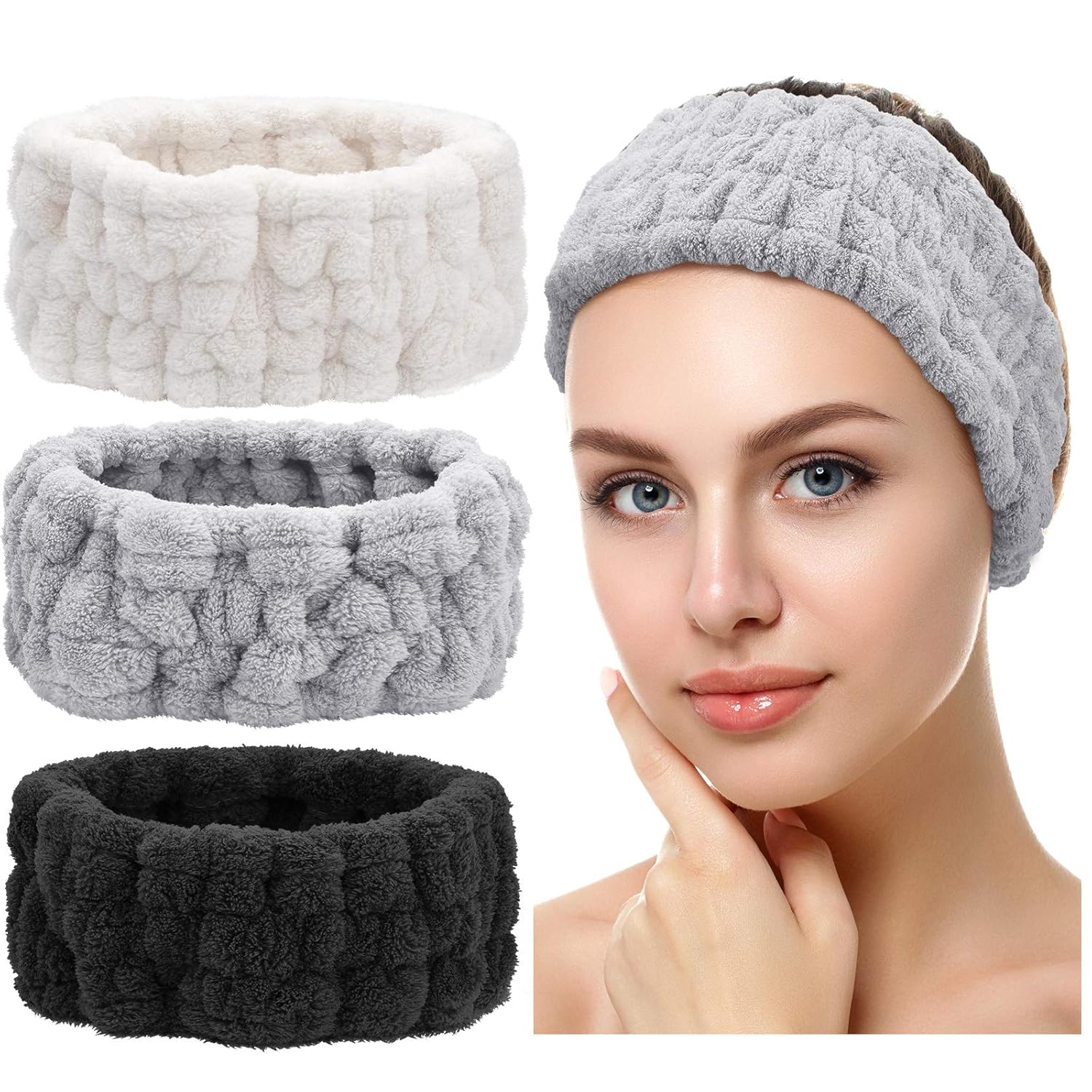 Buy now Chuangdi 3 Pieces Spa Headband for Women Facial Makeup Headband Soft Terry Cloth Hairband for Washing Face Mask Spa Shower Gifts(Dark Pink, Dark Blue, Milky-White) Black, white, light grey at indiglob india