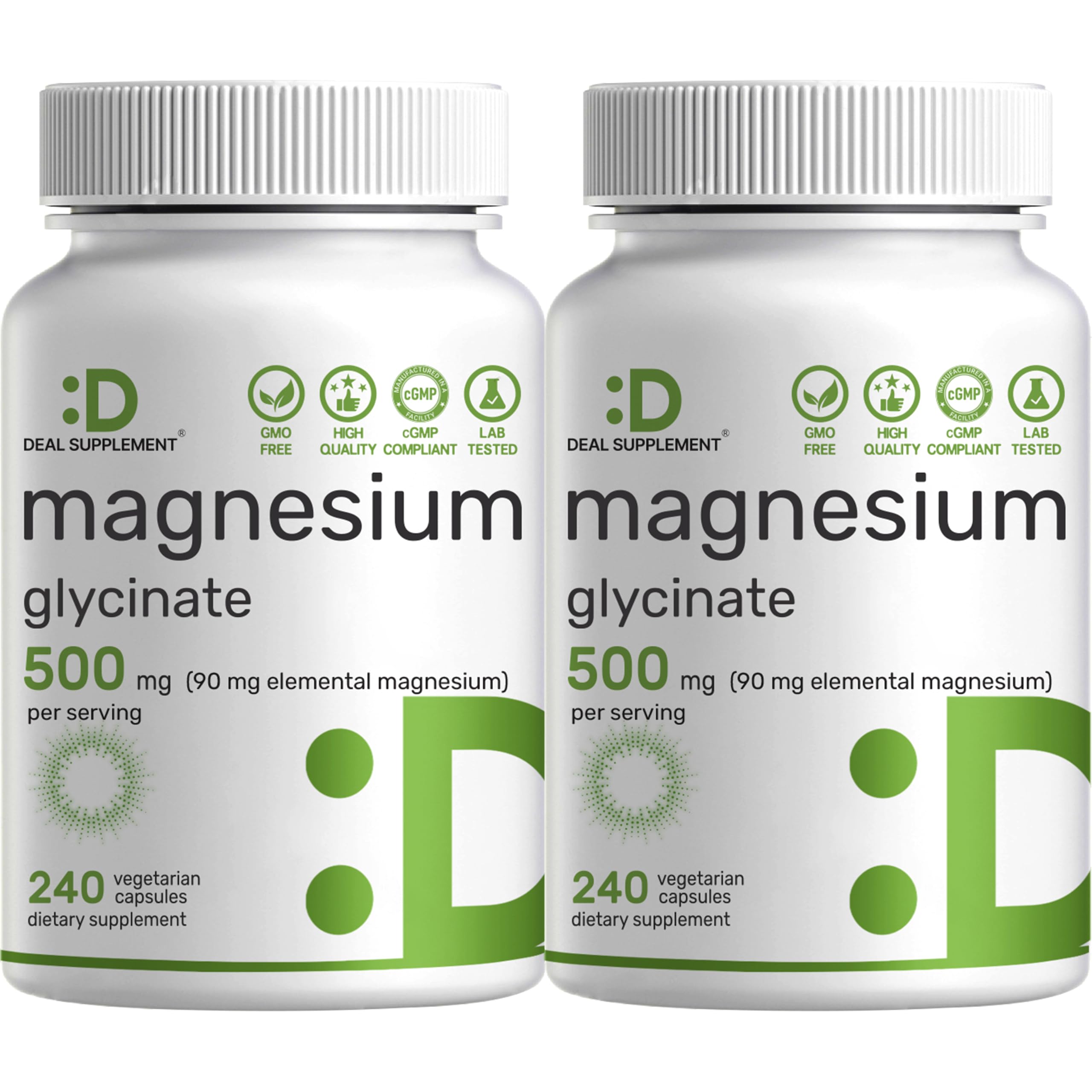 Deal Supplement Magnesium Glycinate 500mg Per Serving, 240 Veggie Capsules | 100% Chelated Magnesium Glycinate, Essential Mineral Supplement for Women & Men. Non-GMO, Gluten Free.