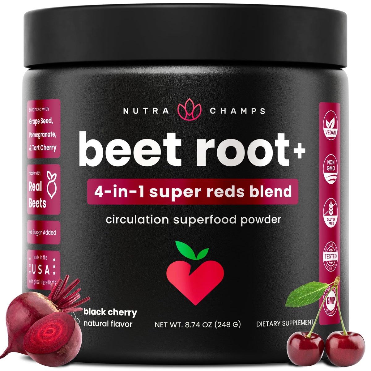 NutraChamps Beet Root Powder Circulation Supplement, Superfood Powder Energy Support with Beetroot Juice, Super Reds & Grape Seed Extract, No Sugar Beet Supplement - 8.74 Oz