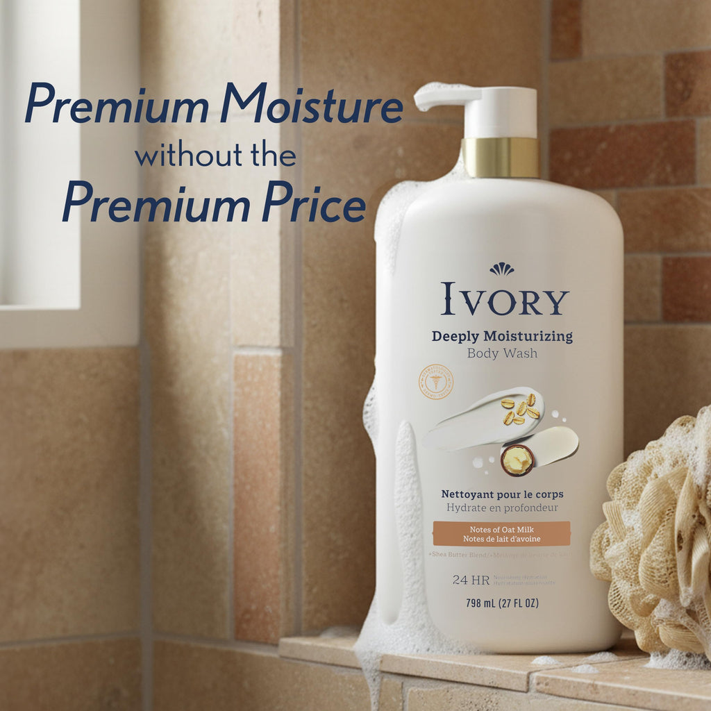 Ivory Body Wash, Deeply Moisturizing, 24hr Nourishing Hydration, Soothes Itchy Dry Skin, Made with Shea Butter Blend, Free of Dyes Heavy Perfumes Parabens & Phthalates, Oatmilk Scent, 27 oz