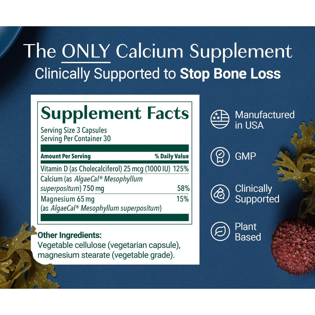 ALGAECAL Plant Based Calcium Supplement for Bone Strength, 90 Caps, 3 Packs | Organic red algae calcium 750mg with D3 1000 IU and 13 minerals for daily bone health support. Veggie capsules.