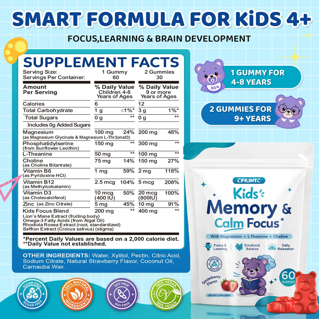 Kids Focus & Memory Gummies with Magnesium Glycinate, Phosphatidylserine & Choline - Support Brain, Attention & Focus for Kids, Learning & Cognitive Development – Sugar Free Strawberry 60 Gummies