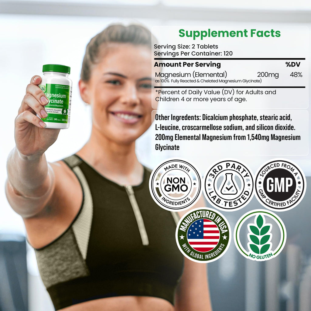 Magnesium Glycinate 1540mg | 200mg Elemental Magnesium Supplement,240 Count | 100% Pure Vegan, 3rd-Party Tested, Magnesium Supplement for Women & Men. No Oxide, Non-GMO & No Gluten, Easy-Swallow Tablets