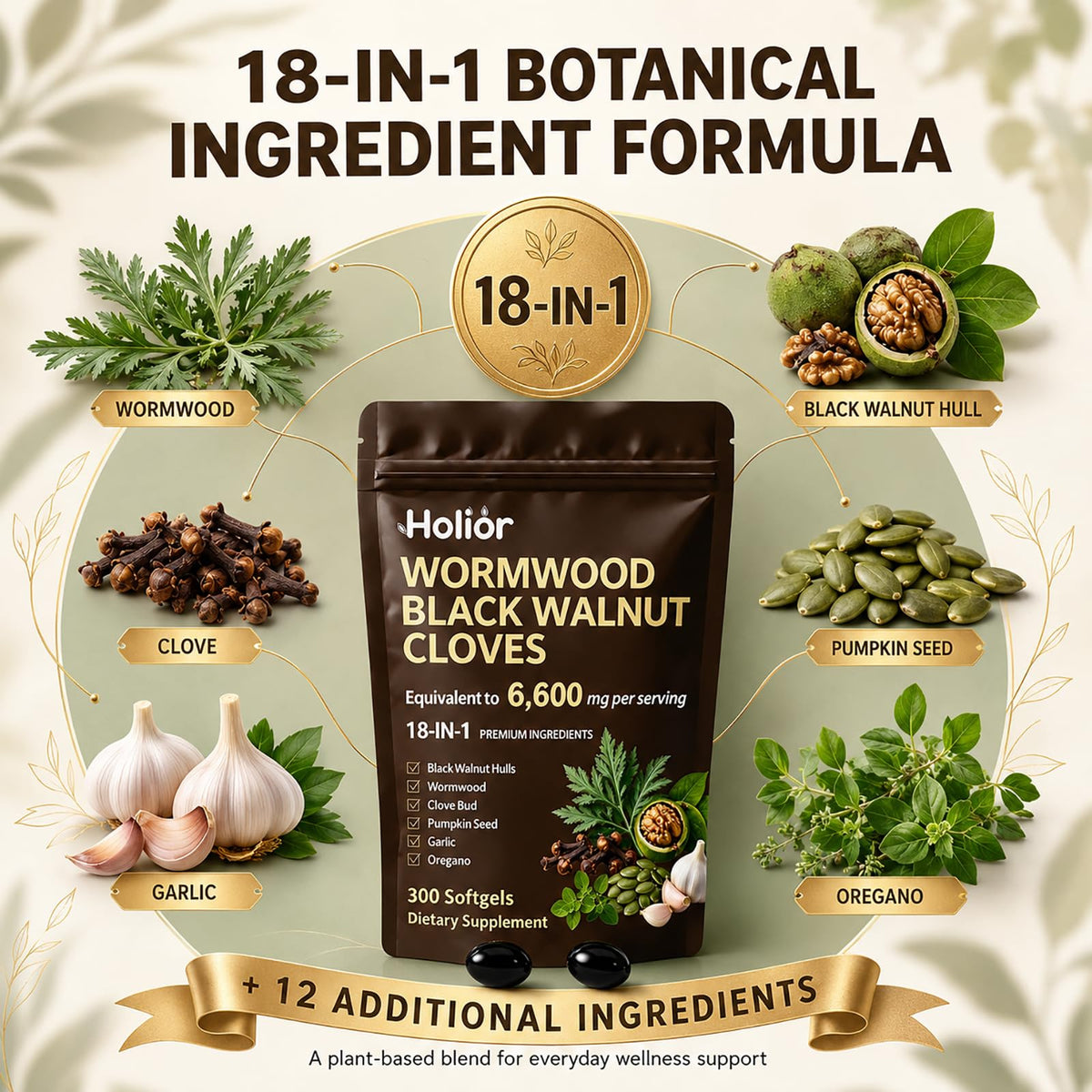 18-in-1 Wormwood Black Walnut Cloves- 300 Count Softgels 100-Day Supply