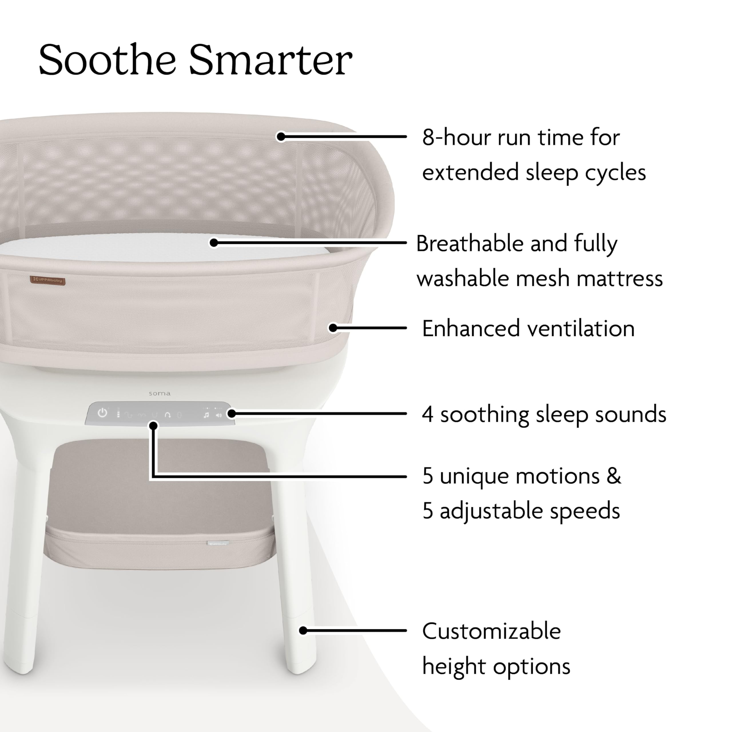Buy now UPPAbaby Soma Smart Bassinet ƒ?? 5 motions + 5 speeds + 4 Sounds with MotionSync Technology ƒ?? Height Adjustable ƒ?? Included Mattress, Sheet + Storage Basket ƒ?? Charlie (Sand M??lange) at indiglob india
