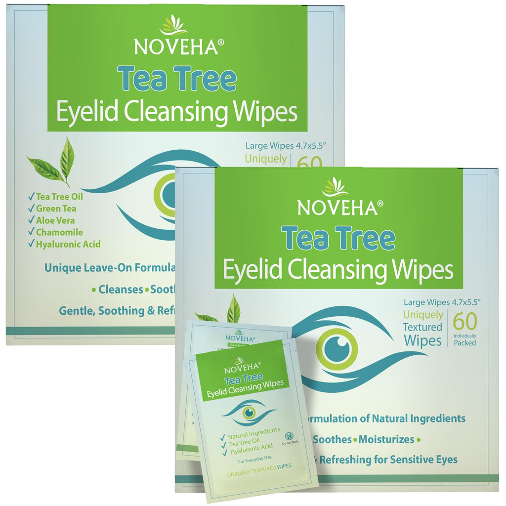 NOVEHA 60PCs Tea Tree Oil Eyelid & Lash Wipes | With Hyaluronic Acid, Green Tea & Chamomile For Blepharitis, Itchy & Stye Eyes, Individually Wrapped, Natural Eyelash Makeup Remover & Daily Cleanser