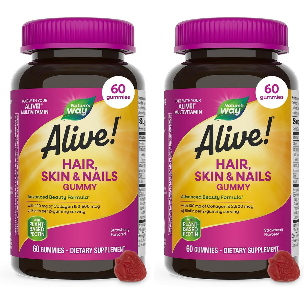 Nature's Way Alive! Hair, Skin & Nails Gummies with Collagen & Biotin,60 ct | Advanced Beauty Formula Supplement with Antioxidant Vitamins C & E*, 100 mg Collagen, 2,500 mcg Biotin, Strawberry Gummy