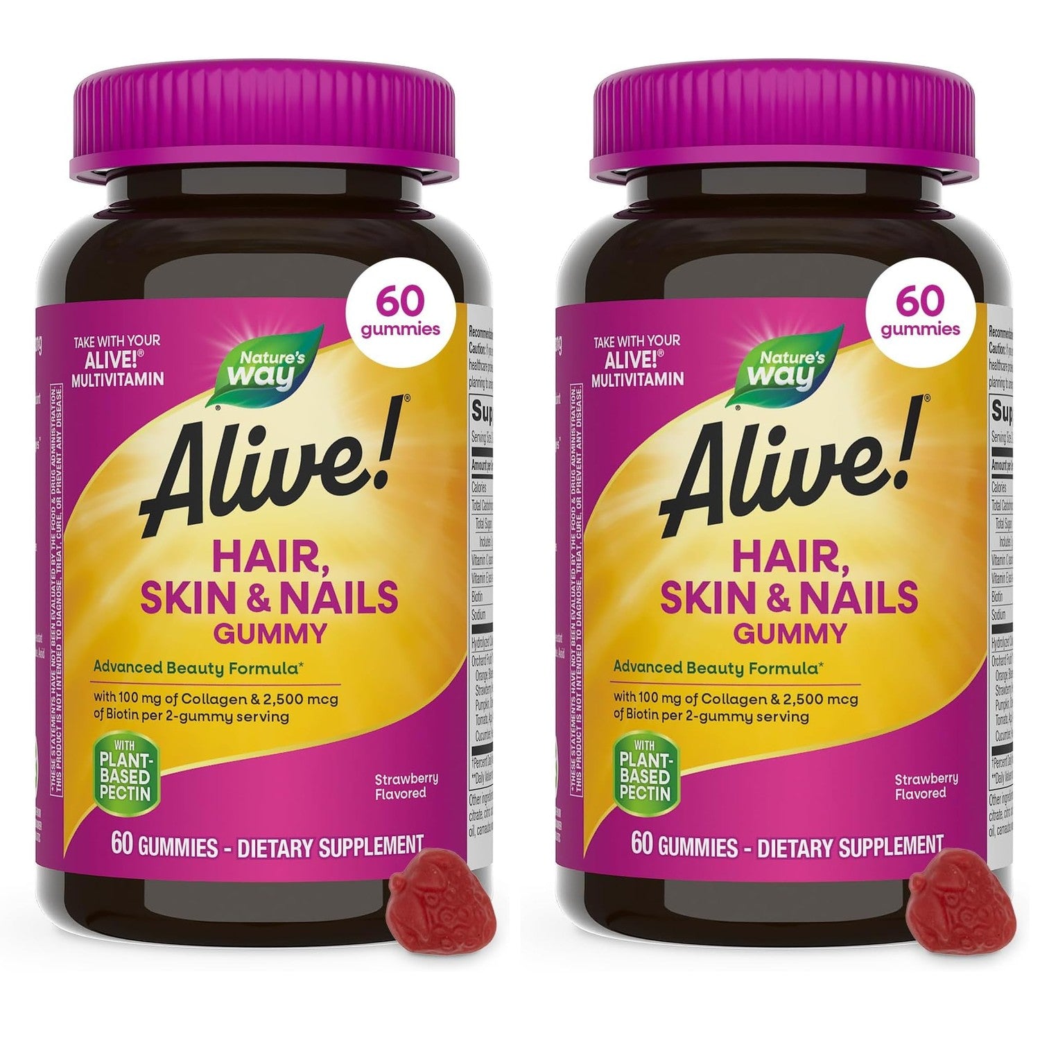 Nature's Way Alive! Hair, Skin & Nails Gummies with Collagen & Biotin,60 ct | Advanced Beauty Formula Supplement with Antioxidant Vitamins C & E*, 100 mg Collagen, 2,500 mcg Biotin, Strawberry Gummy