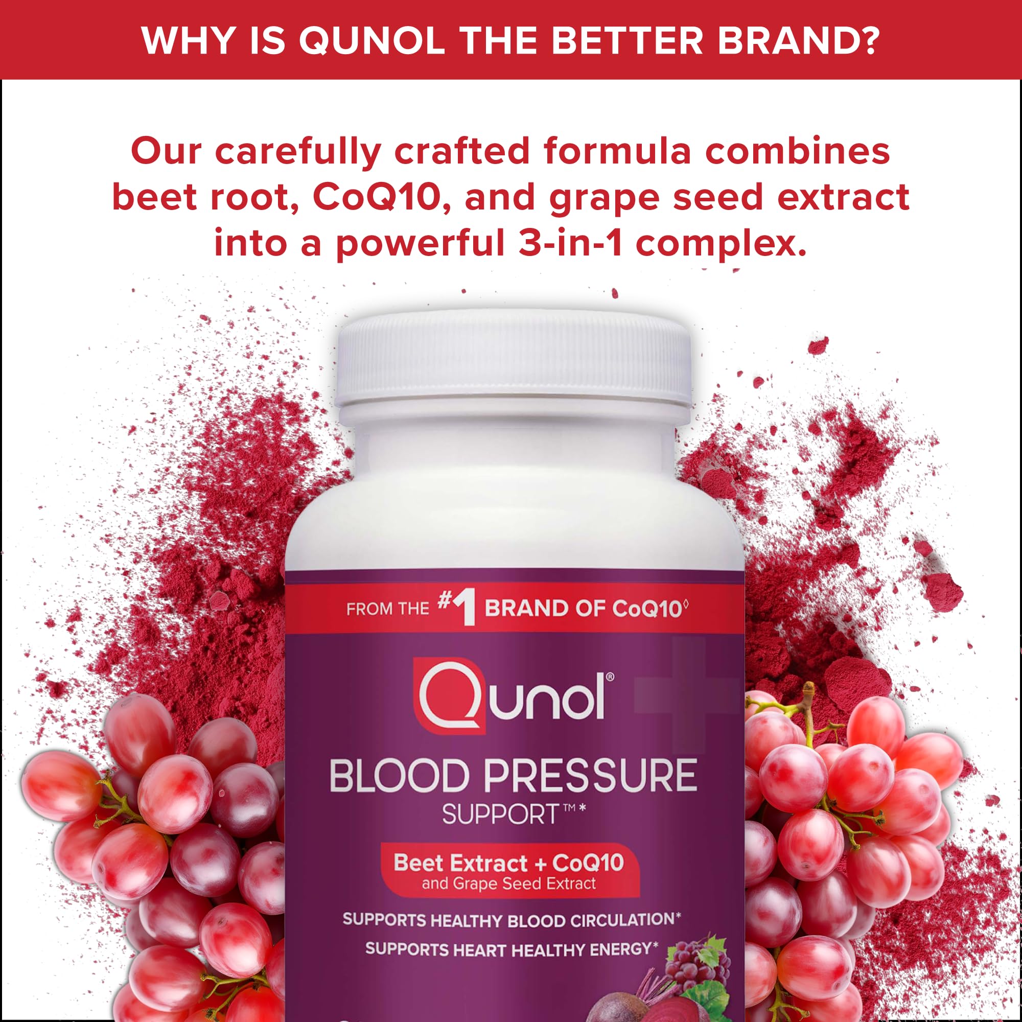 Qunol 3-in-1 Beet Roots Capsules with CoQ10, Blood Pressure Support, 60ct | Supports Healthy Blood Circulation & Heart Healthy Energy, From the #1 Brand of CoQ10, Vegetarian, No Synthetic Dyes