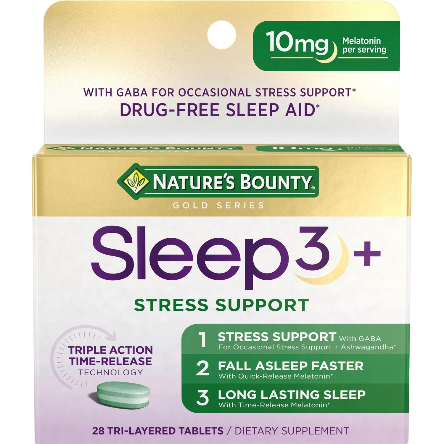Nature's Bounty Stress Support Plus Melatonin, 56 Tri-Layered Tablets | Sleep3 Maximum Strength 100% Drug Free Sleep Aid, Dietary Supplement with Ashwagandha, Time Release Technology, 10mg