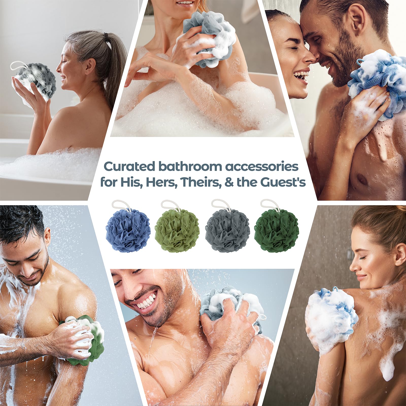 Rnoafmu Shower Loofah Bath Sponge 4 Pack, 60G Exfoliating Body Scrubber | Luffa Mesh Shower Pouf Balls for Men and Women, Rich Lather with Body Wash, Bath Accessories (Blue Gray Green Dark Green)