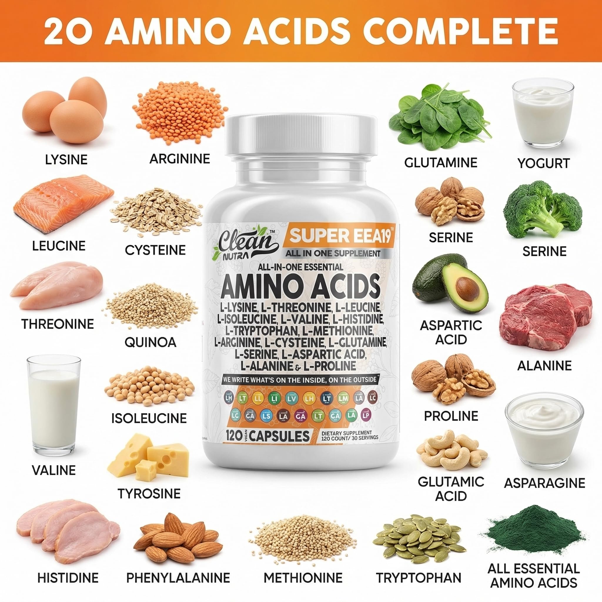 Clean Nutraceuticals Amino Acids Supplement L-Lysine, L-Threonine, L-Leucine, Isoleucine, Valine, L-Histidine, L-Tryptophan, L-Methionine, L-Arginine, L-Cysteine, L-Glutamine, L-Serine, Aspartic Acid