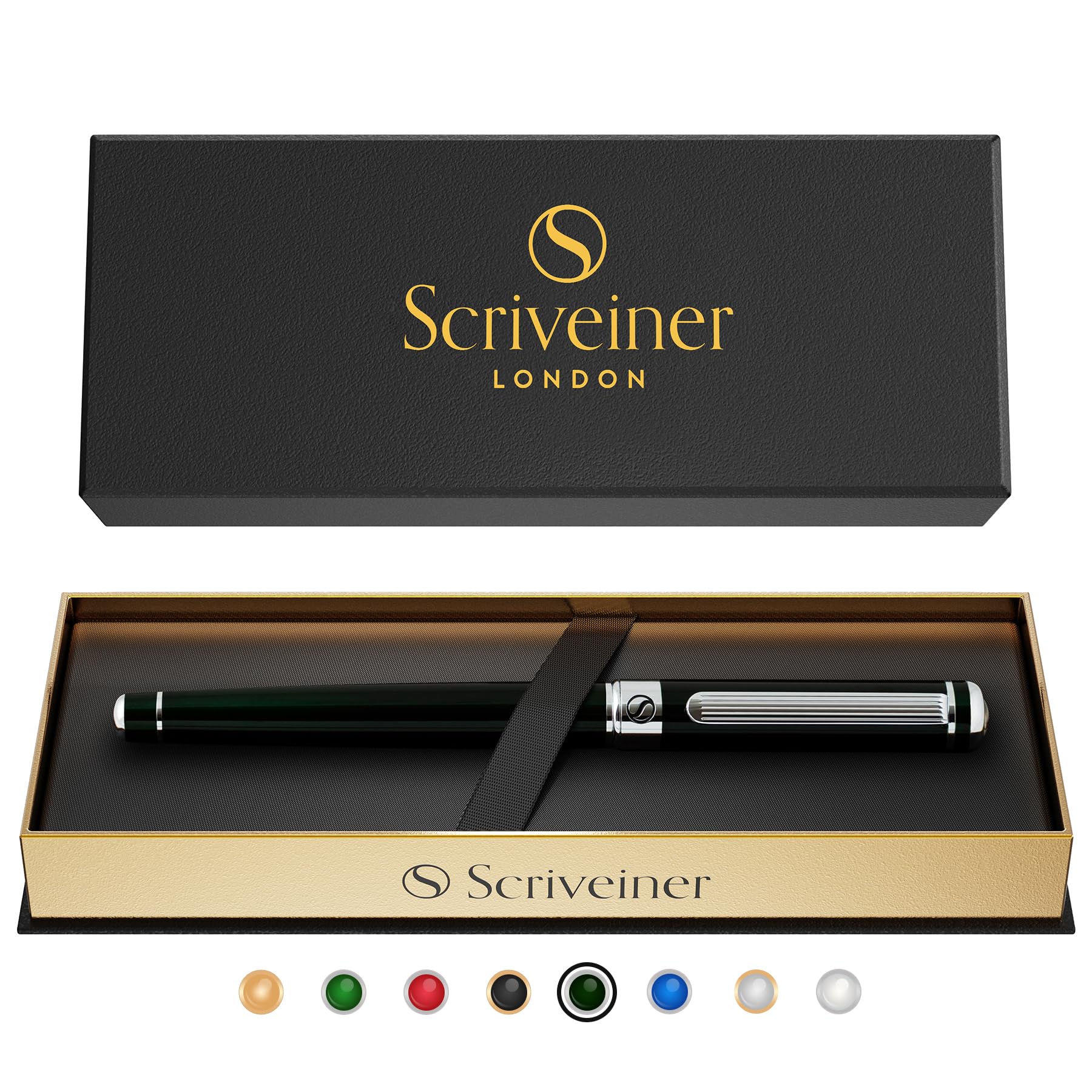 Buy now Scriveiner Black Lacquer Rollerball Pen - Stunning Luxury Pen, Real Gold Plating, Schmidt Ink Refill, Best Roller Ball Gift Set for Men & Women, Professional, Executive Office, Nice Pens 15. Very Dark Black Green with Chrome at indiglob india