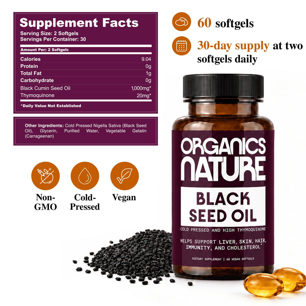 ORGANICS NATURE Black Seed Oil 1000mg, Cold Pressed, Vegan, 60 Softgels
