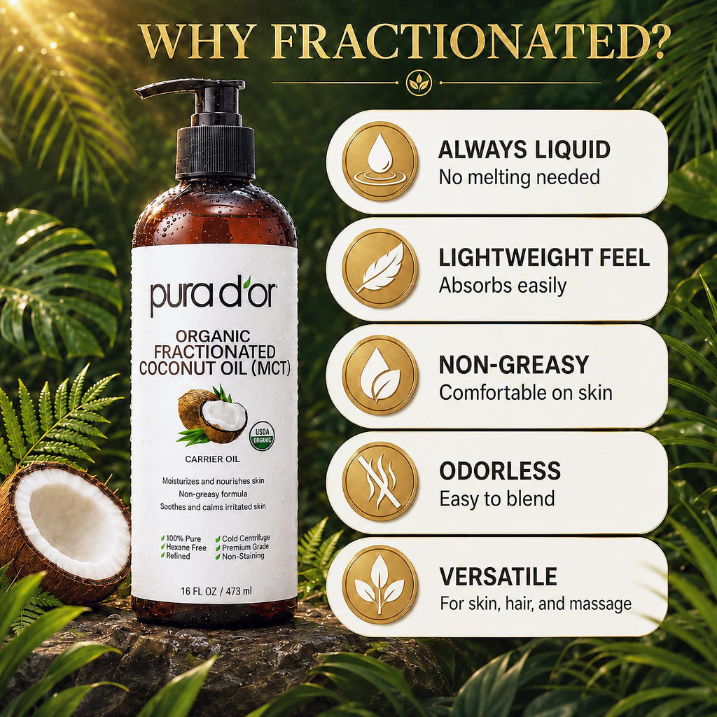 PURA D'OR ORGANIC Fractionated Coconut Oil MCT Skin Hair Massage, 16oz