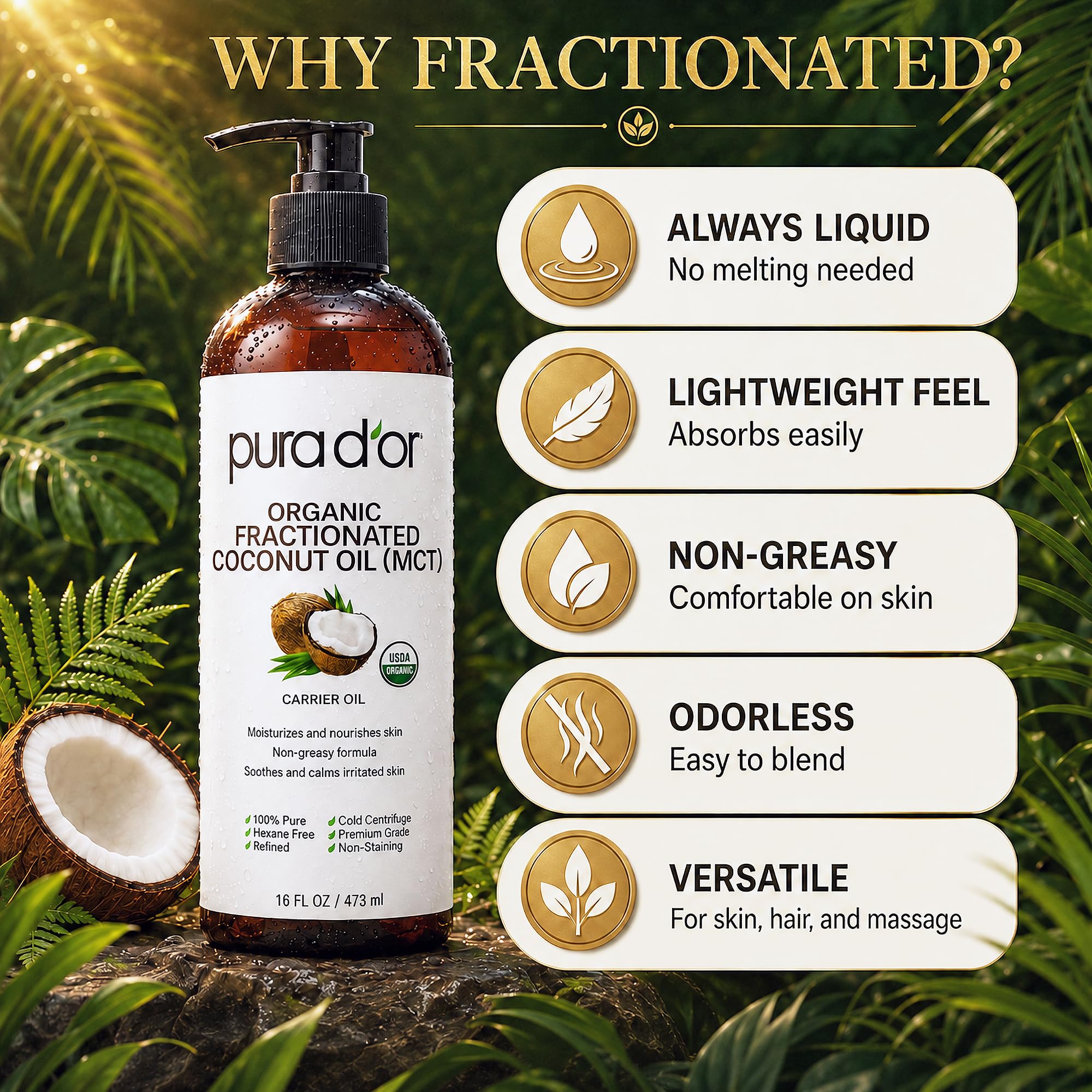 PURA D'OR ORGANIC Fractionated Coconut Oil MCT Skin Hair Massage, 16oz
