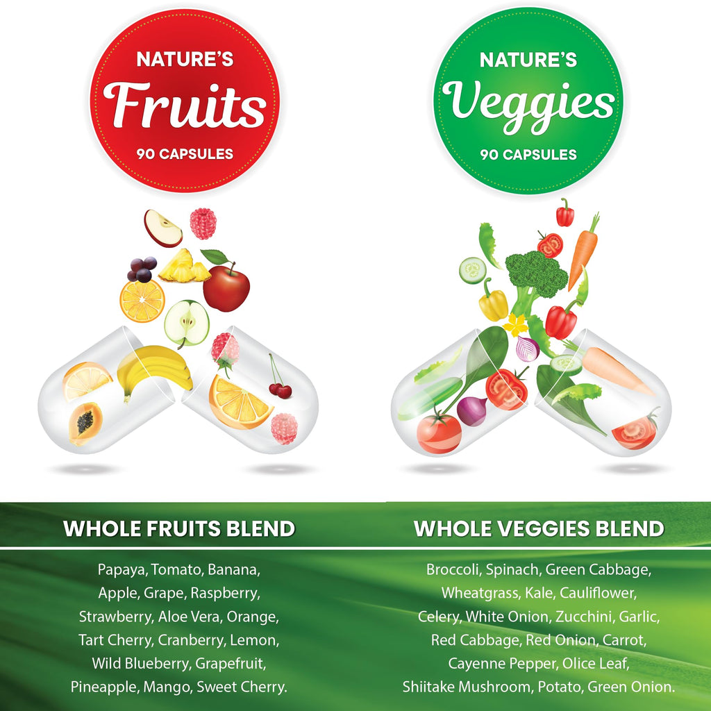 Superfood 180 Fruit and 180 Veggie Capsules - Whole Food Natural Superfoods - Maintain Energy Levels, with Beta Carotene - Soy Free (90 Count (Pack of 4)