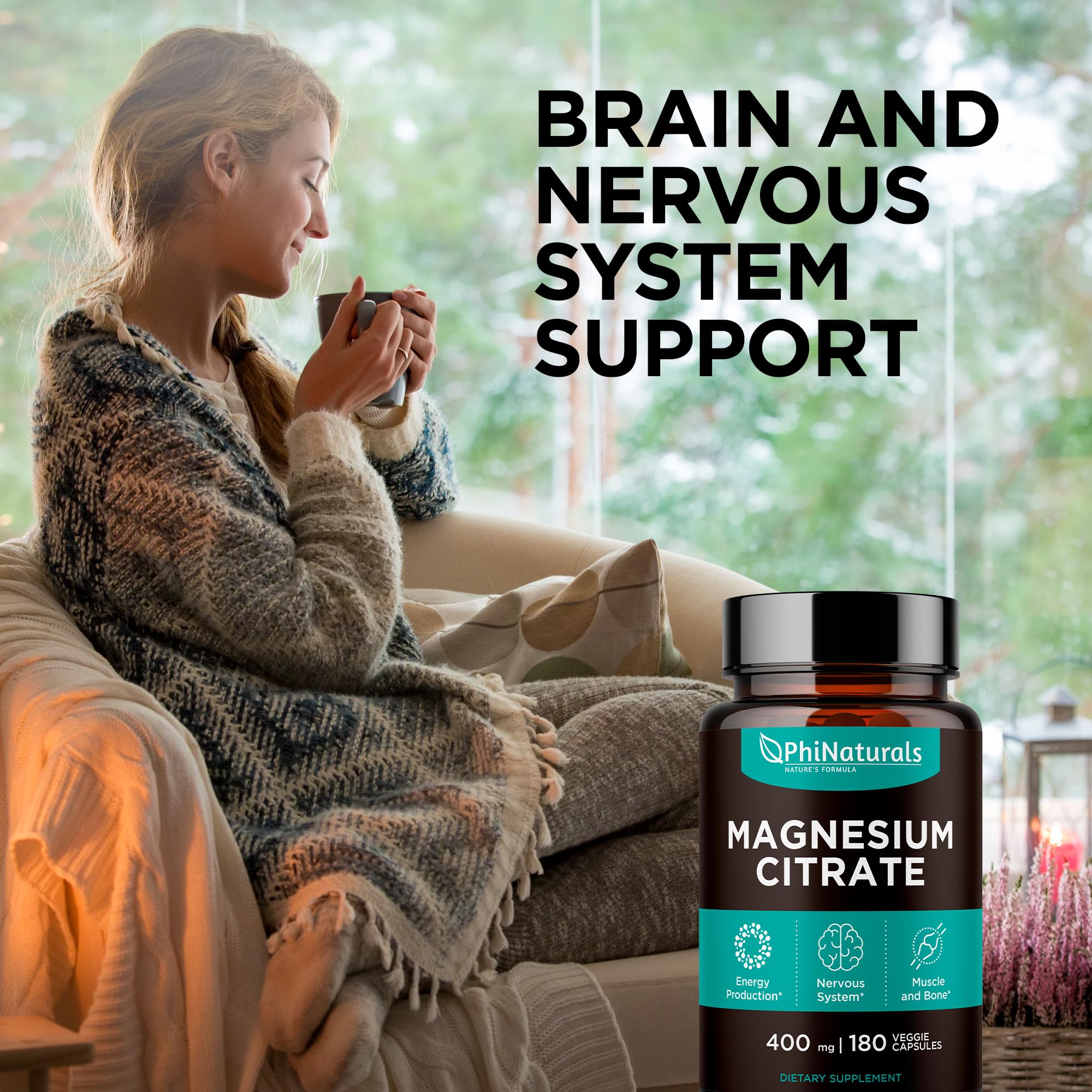 Magnesium Citrate Powder Capsules 400mg - 180 Count Veg Caps - PhiNaturals | Nervous system & Muscle Support · 400 mg High-absorption Mag Citrate Pills · Non-GMO Vegan Capsules - Citrato de Magnesio