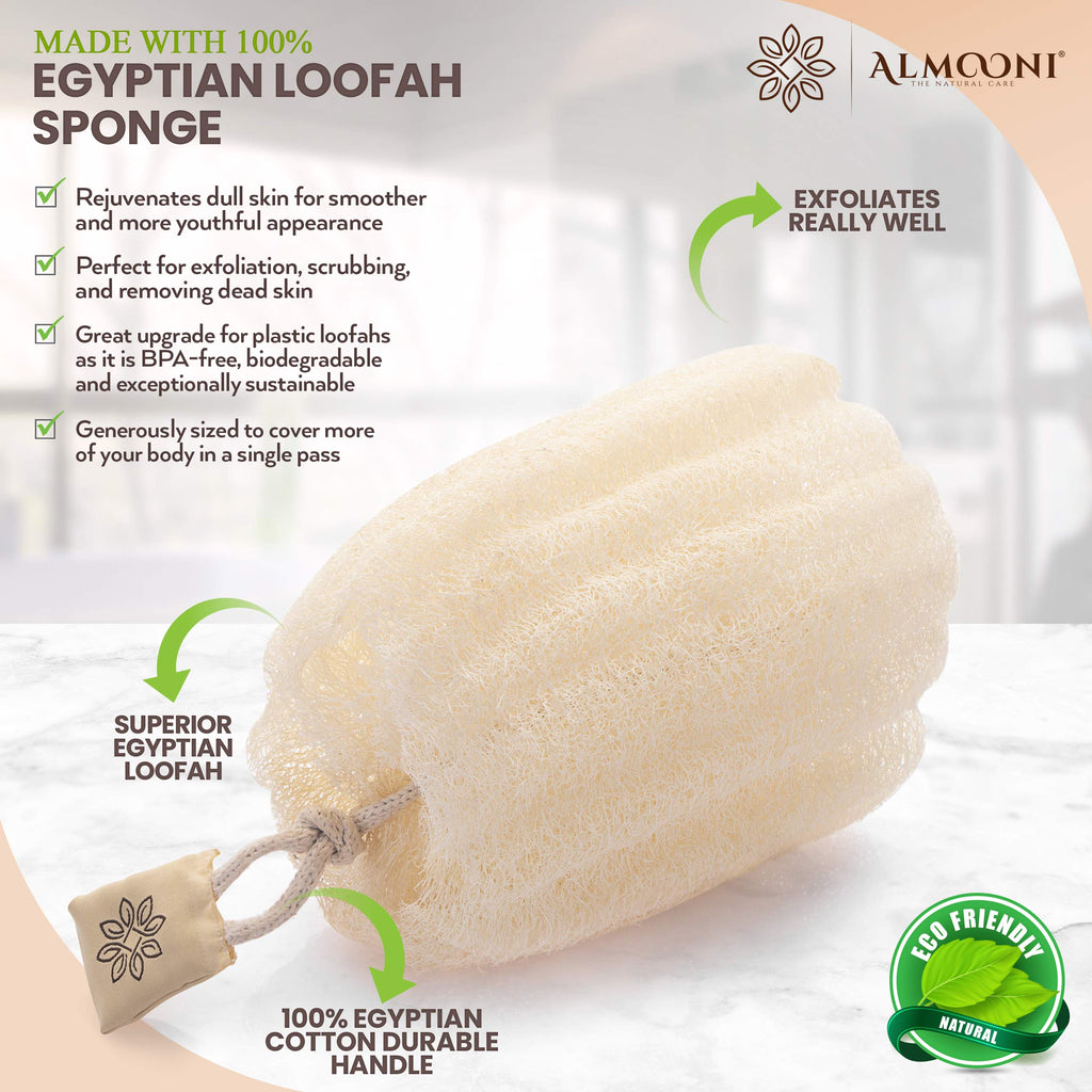 ALMOONI Natural Loofah Body Scrubber, Egyptian Loofah Sponge, 3 Count | Natural Egyptian Loofah Sponge, Round Shape Shower Sponge for Face & Body, Men & Women, Gentle Exfoliation, Large Size