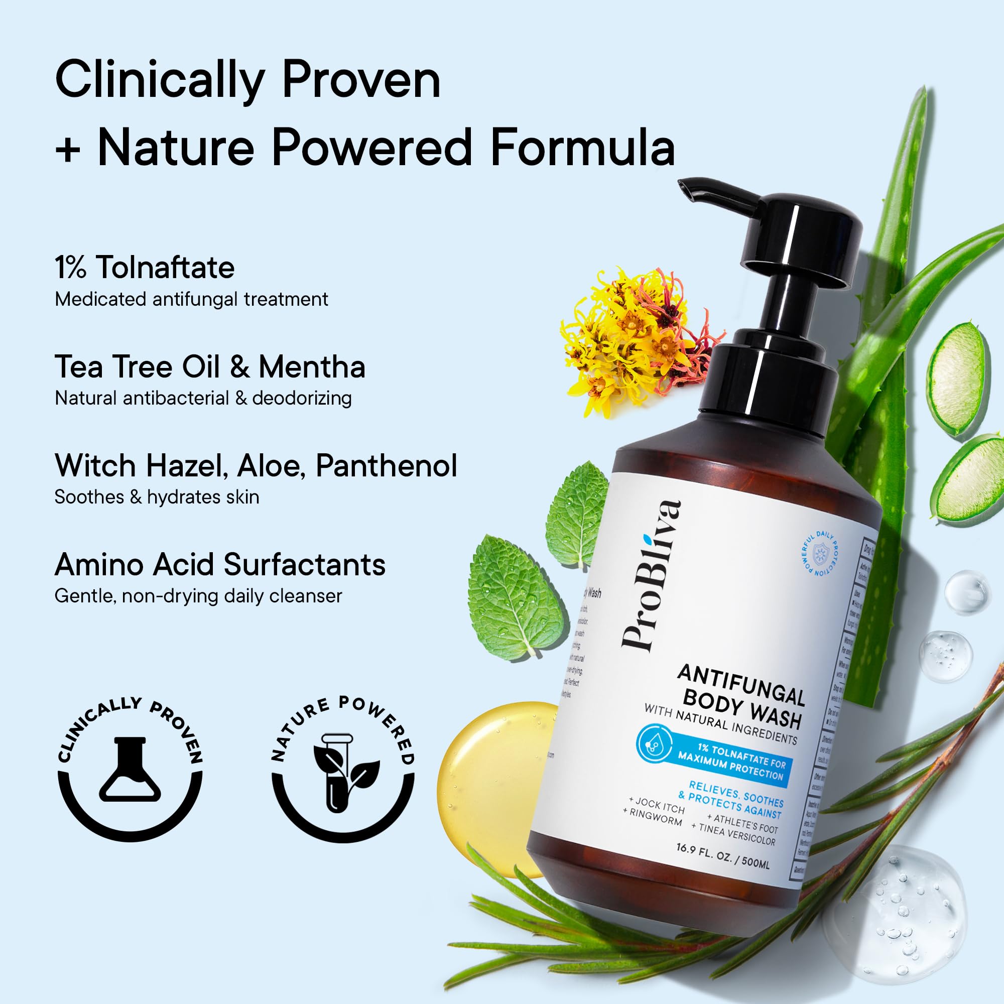 ProBliva Antifungal Body Wash Treatment Soap - Jock Itch, Ringworm, Back Acne, Tinea & Foot Odor – Skin Relief Cleanser Gel with Tea Tree Oil & Tolnaftate for Men and Women (with Brush Kit)